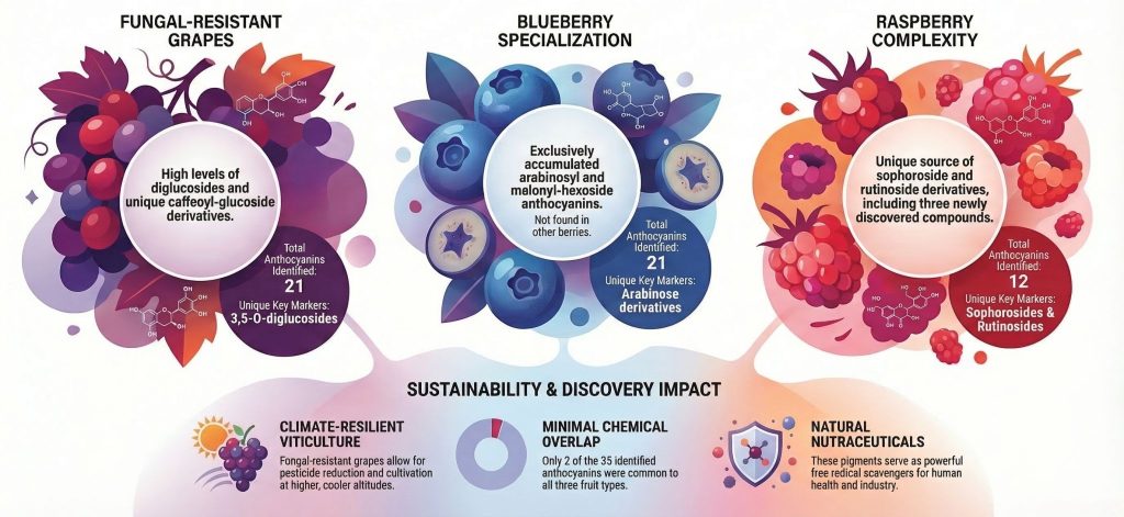A recent study by Dr. ‏Itay MAOZ‏ & Dr. ‏Nir Dai‏, using high-resolution mass spectrometry identified 35 distinct anthocyanin pigments in blueberries, raspberries, and fungal-resistant grapes. 
