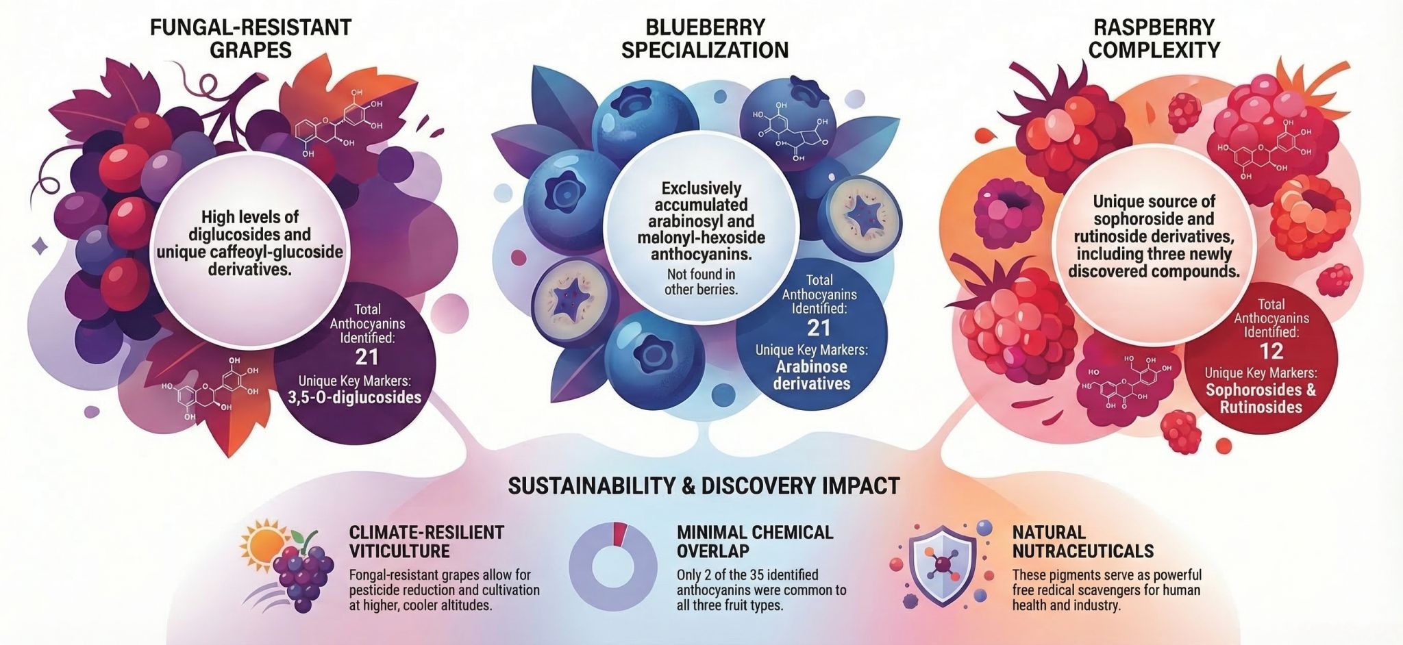 A recent study by Dr. ‏Itay MAOZ‏ & Dr. ‏Nir Dai‏, using high-resolution mass spectrometry identified 35 distinct anthocyanin pigments in blueberries, raspberries, and fungal-resistant grapes.