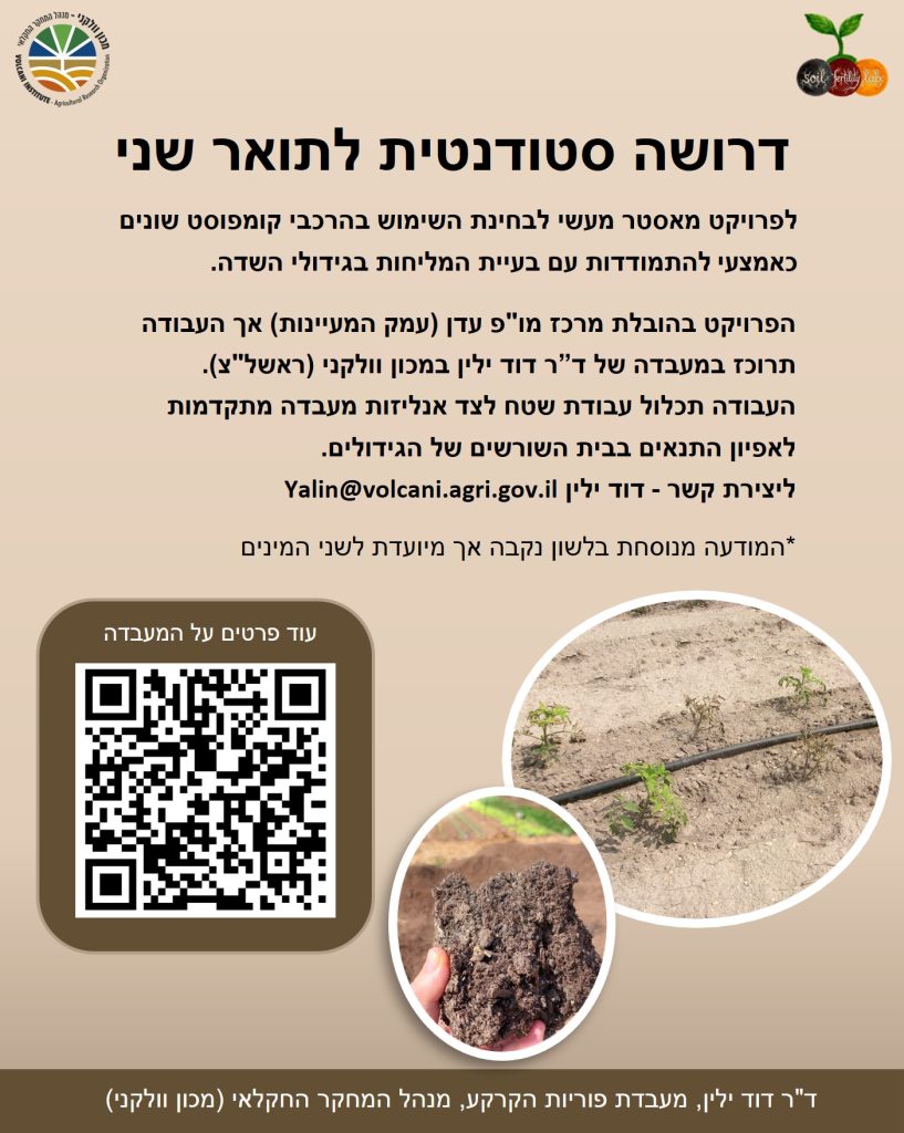 Soil Fertility Lab (לוגו מימין למעלה)
מכון וולקני - מינהל המחקר החקלאי / Volcani Institute - Agricultural Research Organization (לוגו משמאל למעלה)
דרושה סטודנטית לתואר שני
לפרויקט מאסטר מעשי לבחינת השימוש בהרכבי קומפוסט שונים כאמצעי להתמודדות עם בעיית המליחות בגידולי השדה.
הפרויקט בהובלת מרכז מו"פ עדן (עמק המעיינות) אך העבודה תרוכז במעבדה של ד"ר דוד ילין במכון וולקני (ראשל"צ).
העבודה תכלול עבודת שטח לצד אנליזות מעבדה מתקדמות לאפיון התנאים בבית השורשים של הגידולים.
ליצירת קשר - דוד ילין Yalin@volcani.agri.gov.il
*המודעה מנוסחת בלשון נקבה אך מיועדת לשני המינים
עוד פרטים על המעבדה (מעל קוד ה-QR)
בתחתית המודעה:
ד"ר דוד ילין, מעבדת פוריות הקרקע, מינהל המחקר החקלאי (מכון וולק