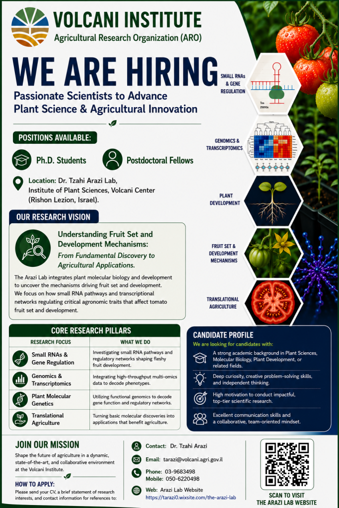 Volcani Institute recruitment poster: We Are Hiring passionate scientists - Ph.D. student and postdoctoral fellow positions in Dr. Tzahi Arazi's lab. Core research pillars: small RNAs and gene regulation, genomics and transcriptomics, plant molecular genetics, and translational agriculture.