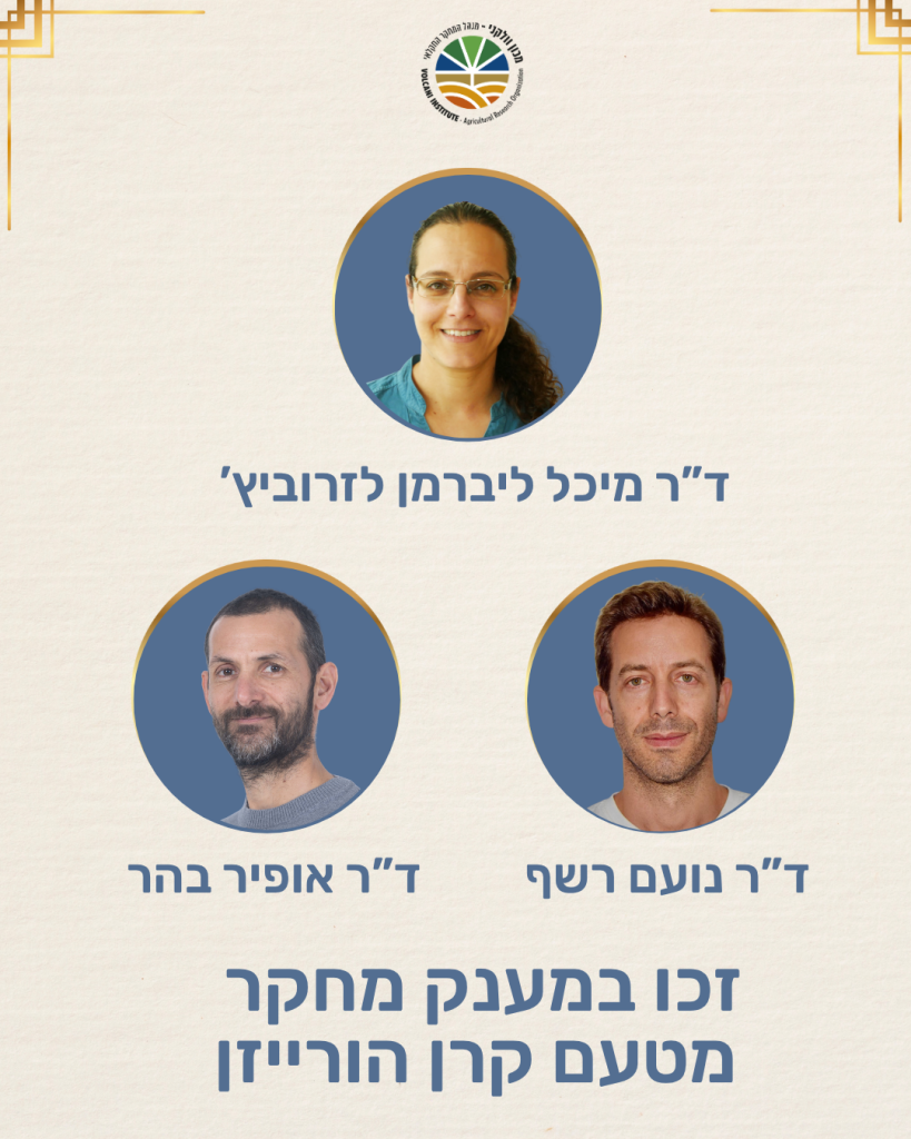 לוגו עליון: מכון וולקני - מנהל המחקר החקלאי | VOLCANI INSTITUTE - Agricultural Research Organization

שם עליון: ד״ר מיכל ליברמן לזרוביץ׳

שם משמאל למטה: ד״ר אופיר בהר

שם מימין למטה: ד״ר נועם רשף

כותרת תחתונה: זכו במענק מחקר מטעם קרן הורייזן